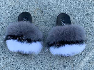 Fur Slides- Grey Black and White