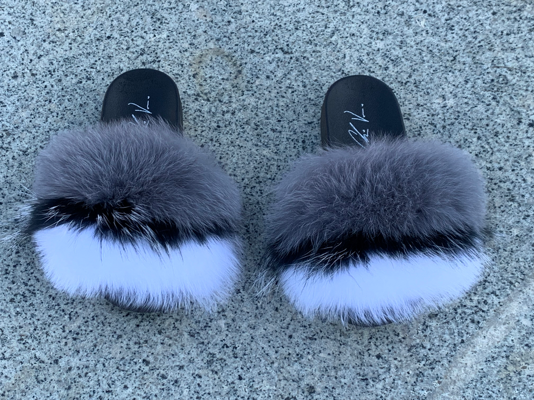 Fur Slides- Grey Black and White