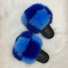 Load image into Gallery viewer, Fur Slides- Blue Checkers
