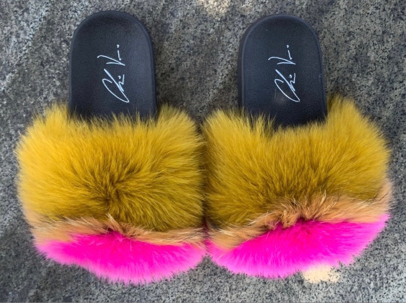 Fur Slides- Tan and Fuchsia