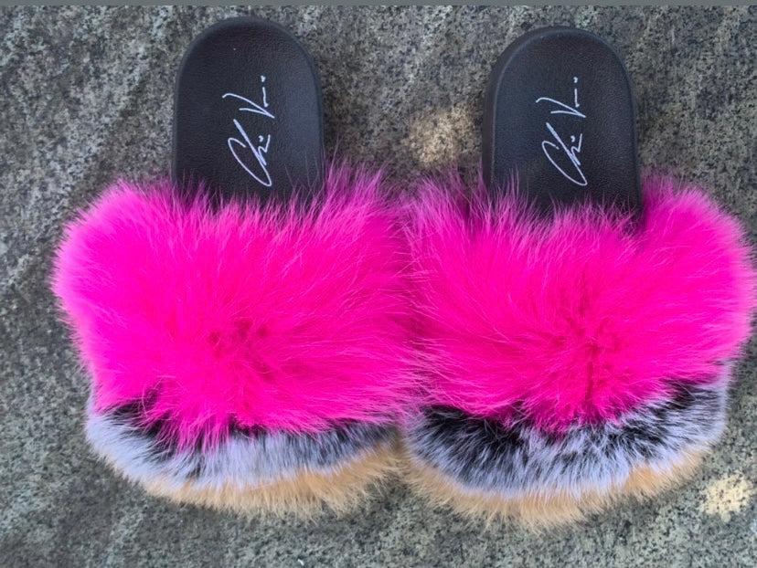 Fur Slides- Fuchsia Tan and Black