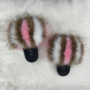 Fur Slides- Pink Brown and White