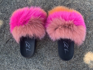 Fur Slides- Pink Fuchsia and Orange