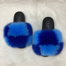 Load image into Gallery viewer, Fur Slides- Blue Checkers
