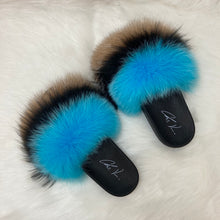 Load image into Gallery viewer, Fur Slides- Teal Black and Brown
