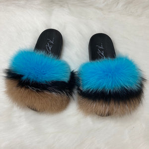 Fur Slides- Teal Black and Brown