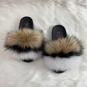 Fur Slides- Tan Black and White