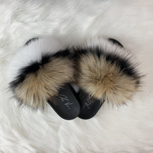 Load image into Gallery viewer, Fur Slides- Tan Black and White
