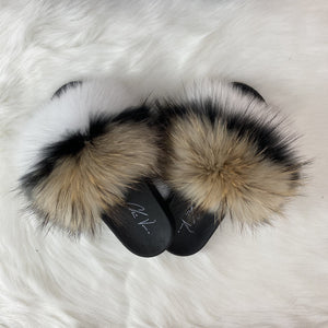 Fur Slides- Tan Black and White