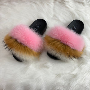 Fur Slides- Light Pink Brown and Tan