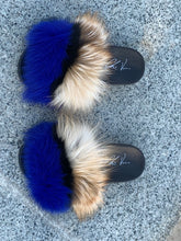 Load image into Gallery viewer, Fur Slides- Blue Black and Brown
