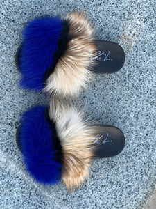 Fur Slides- Blue Black and Brown