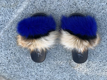 Load image into Gallery viewer, Fur Slides- Blue Black and Brown
