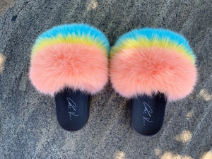 Fur Slides- Pink Yellow and Blue