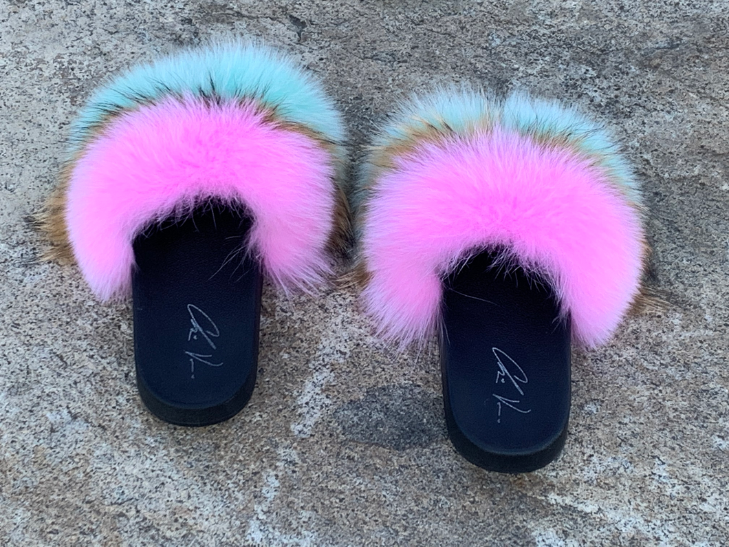 Fur Slides- Mint Brown and Pink